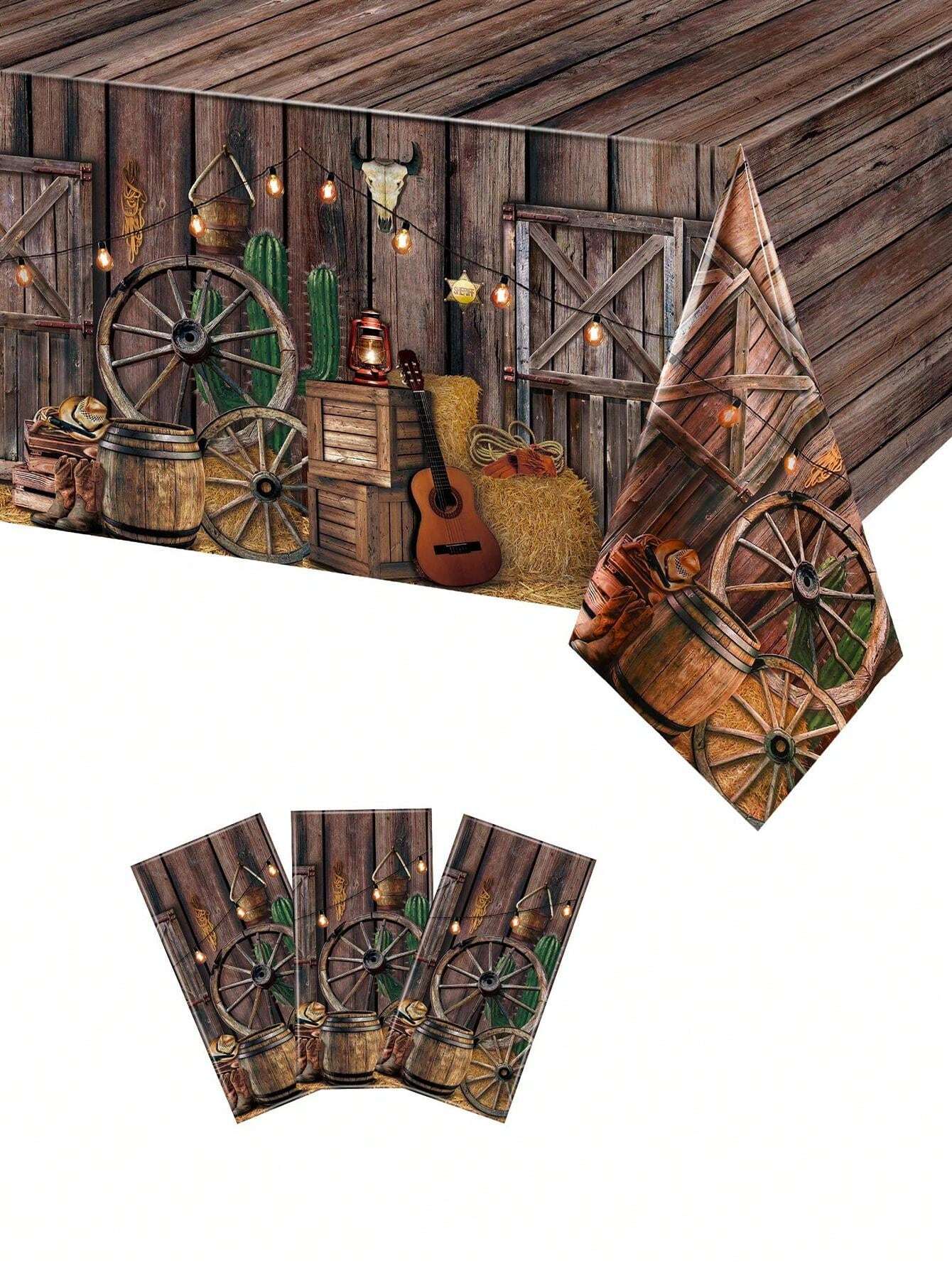 Western Party Tablecloth, Wild West Cowboy Theme Plastic Tablecloth Wood Cabin Design For Western Birthday Party Supplies P 40644581