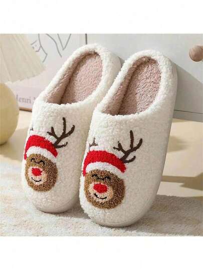 Nuevos pantuflas de pareja acolchadas, gruesas y antideslizantes para interiores, con estampado bordado de renos adorables de Navidad, hombres de jengibre, Papá Noel, árbol de Navidad, bastón de caramelo, barra de caramelo y copos de nieve, para uso cálido y resistente al desgaste