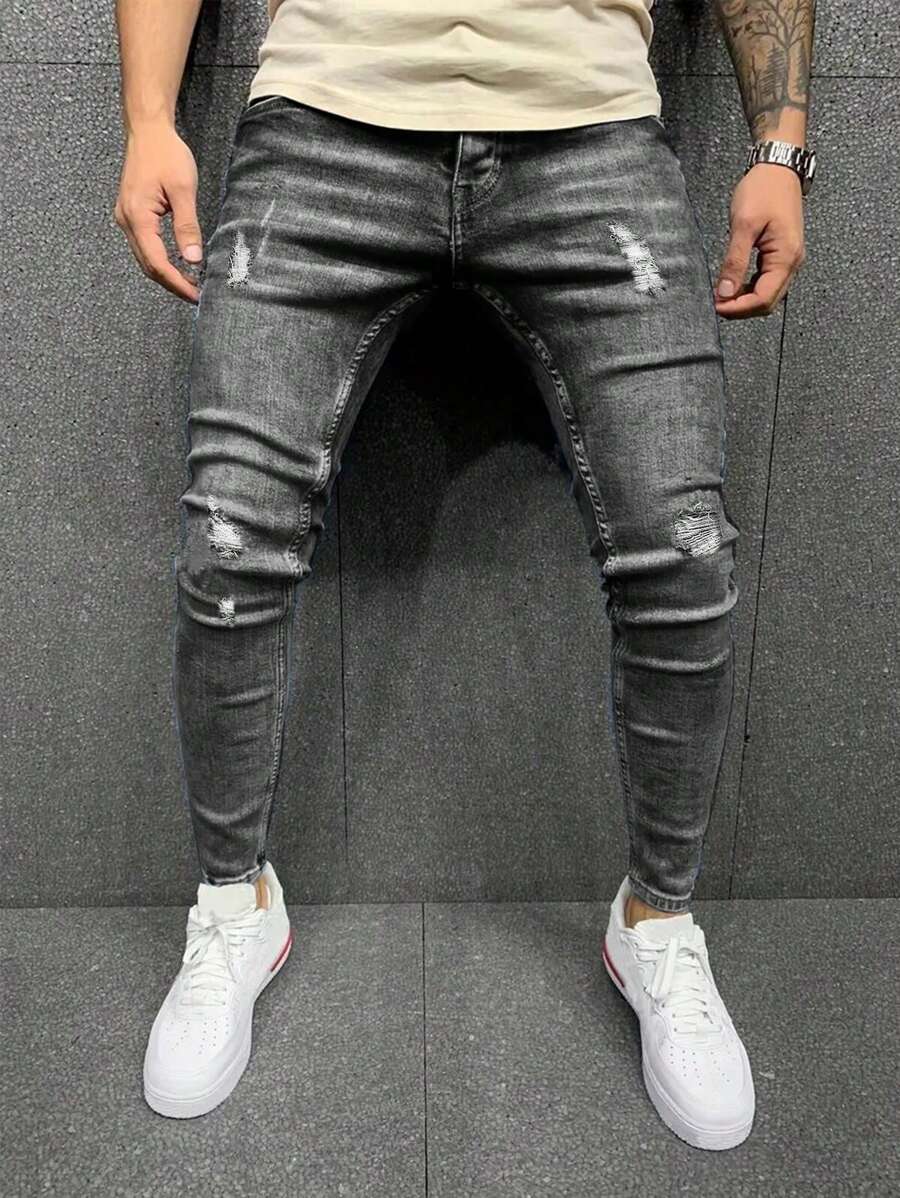 Men's Casual Distressed Elastic Denim Jeans - Grey - View 1
