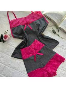 Pijama Feminino Short Baby Doll Renda Short Lingerie Camisete Bicolor Moda