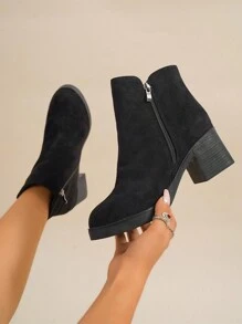 Chic Essential: Square Heel Zip & Elastic Ankle Boots, Radiate Beauty - Black - View 1