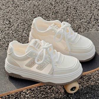 女士校園風中空透氣厚底運動鞋，交叉綁帶款，米白色，適用於戶外和休閒