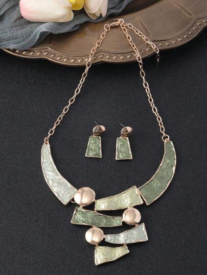 SophiaXuan 1set/2pcs Fashionable Vintage Minimalist Elegant Green Enamel Zinc Alloy Geometric Jewelry Set, Necklace & Earrings For Women, Suitable For Daily, Holiday, Party, Date, Gift