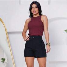 Plain Knit Casual Tank Top & Shirt CROPPED RIBANA - 酒紅色 - 查看 2