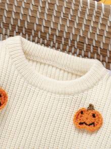 Baby Girl 1pc Pullover Sweater With Handmade Halloween Pumpkin Pattern Design, Knitted Top - Beige - View 4