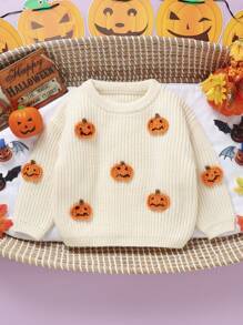 Baby Girl 1pc Pullover Sweater With Handmade Halloween Pumpkin Pattern Design, Knitted Top - Beige - View 1