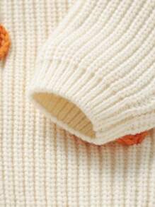 Baby Girl 1pc Pullover Sweater With Handmade Halloween Pumpkin Pattern Design, Knitted Top - Beige - View 5