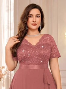 Elegant V-Neck Sequin Lace Contrast Color Chiffon Ruffle Hem Cocktail Party Dress - Dusty Pink - View 8