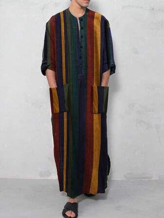 穆斯林男士长袖条纹印花长袍