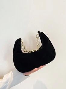 时尚纯色图案金属链新月手提包，复古哑光女士多功能休闲手提包手拿包' - 黑色 - 查看 2