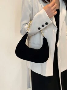 时尚纯色图案金属链新月手提包，复古哑光女士多功能休闲手提包手拿包' - 黑色 - 查看 4
