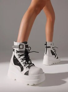 Stunning Goth Chic Platform Ankle Boots Chunky High Heel, Round Toe, Lace Up, Combat Style, Motorcycle Wedges For Women - 白色 - 查看 4