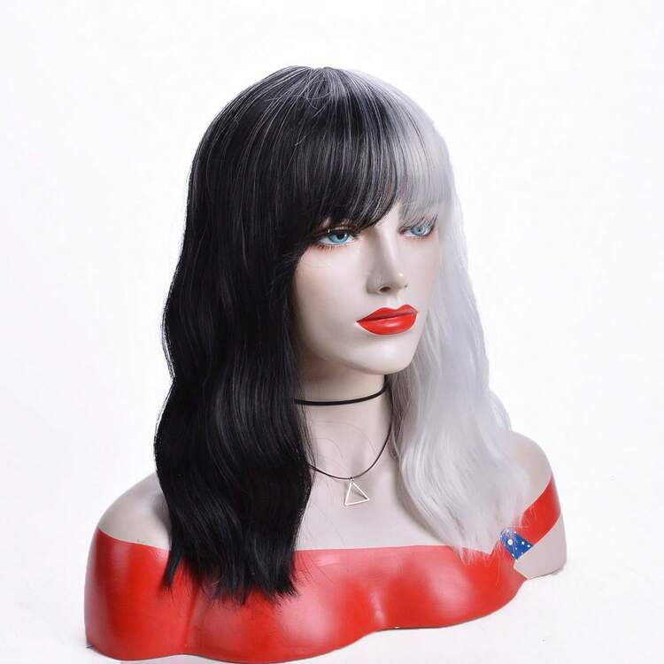 黑白波浪假发，适合电影主题角色扮演，采用耐热合成纤维，配有搭扣网帽，佩戴稳固，灵感源自斑点狗设计 - 粘胶纤维材质 - 黑與白 - 查看 12