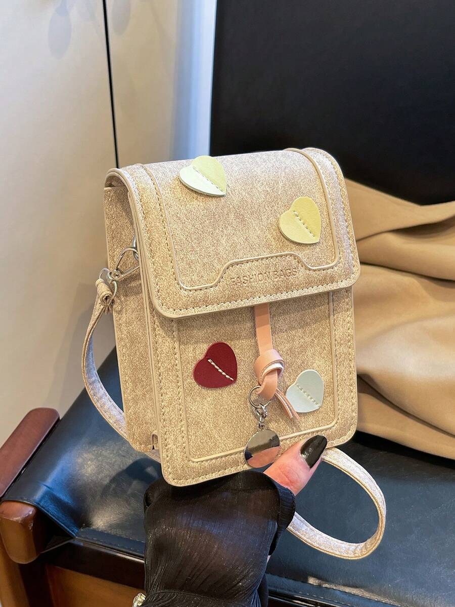 1 chiếc túi đeo vai PU màu trơn thiết kế hình trái tim có nắp có dây đeo có thể điều chỉnh dành cho nữ, thích hợp đi làm, hẹn hò, mua sắm