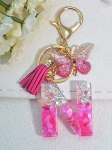 1pc English Letter Key Chain, European And American Style Charm Keychain With Butterfly Tassel Pendant Gift Souvenir Car Accessories Bag Charm School Cute Goth Y2k