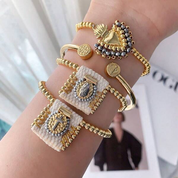 1 pieza, pulsera de cadena de cuentas doradas con dije chapado en oro de Jesús y María, joyería de moda hecha a mano para hombres y mujeres de