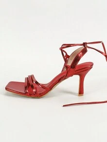 Giày sandal cao gót thời trang màu trơn cho nữ, giày cao gót mỏng quai ngang mắt cá chân, sandal hở mũi buộc dây, sandal cao gót màu đỏ, chất liệu họa tiết da rắn kim loại, thoải mái và nhẹ. Thích hợp cho tiệc tùng, đi làm, du lịch, trang phục mùa xuân hè. - Màu Đỏ Sâu - Xem 7