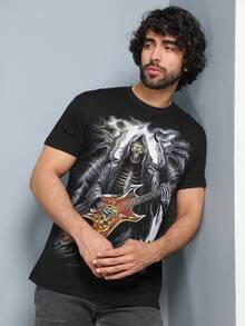 Men's Skull T-Shirt Cotton Fabric - 黑色 - 查看 6