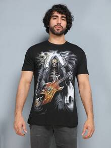 Men's Skull T-Shirt Cotton Fabric - 黑色 - 查看 2