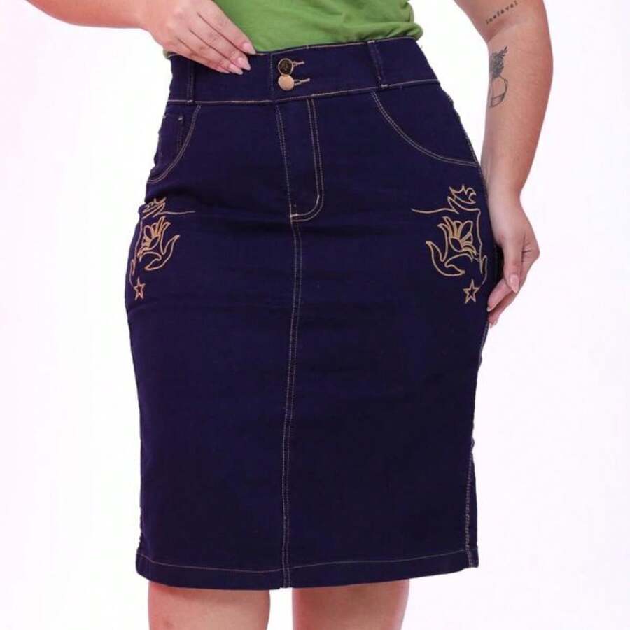 Premium Plus Size Secretarial Jeans Skirt From 46 To 54 - Navy Blue - View 1