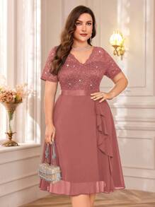 Elegant V-Neck Sequin Lace Contrast Color Chiffon Ruffle Hem Cocktail Party Dress - Dusty Pink - View 5