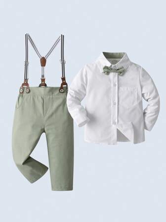 BOARNSEORL Babypojke Gentleman Outfit - Vit långärmad skjorta med fluga och strumpebandshållare, Fashionabantic, Lämplig för födelsedagsfest, kvällsfest, bröllop, Pageboy-klädsel