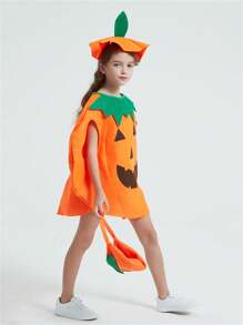 3pcs Set Pumpkin Costume - Pumpkin Hat, Trick Or Treat Bag, And Outfit For Halloween Celebrations And Performances