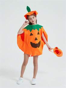 3pcs Set Pumpkin Costume - Pumpkin Hat, Trick Or Treat Bag, And Outfit For Halloween Celebrations And Performances