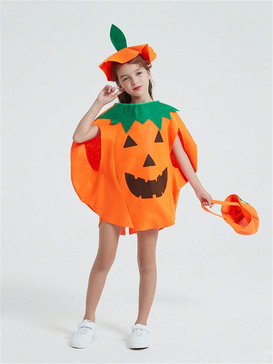 3pcs Set Pumpkin Costume - Pumpkin Hat, Trick Or Treat Bag, And Outfit For Halloween Celebrations And Performances