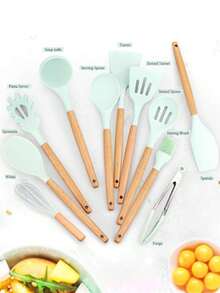 Utensilios de cocina de silicona con mango de madera, juego de 11 piezas, herramienta de cocina - Multicolor - Ver 4