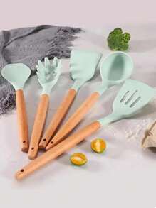 Utensilios de cocina de silicona con mango de madera, juego de 11 piezas, herramienta de cocina - Multicolor - Ver 2