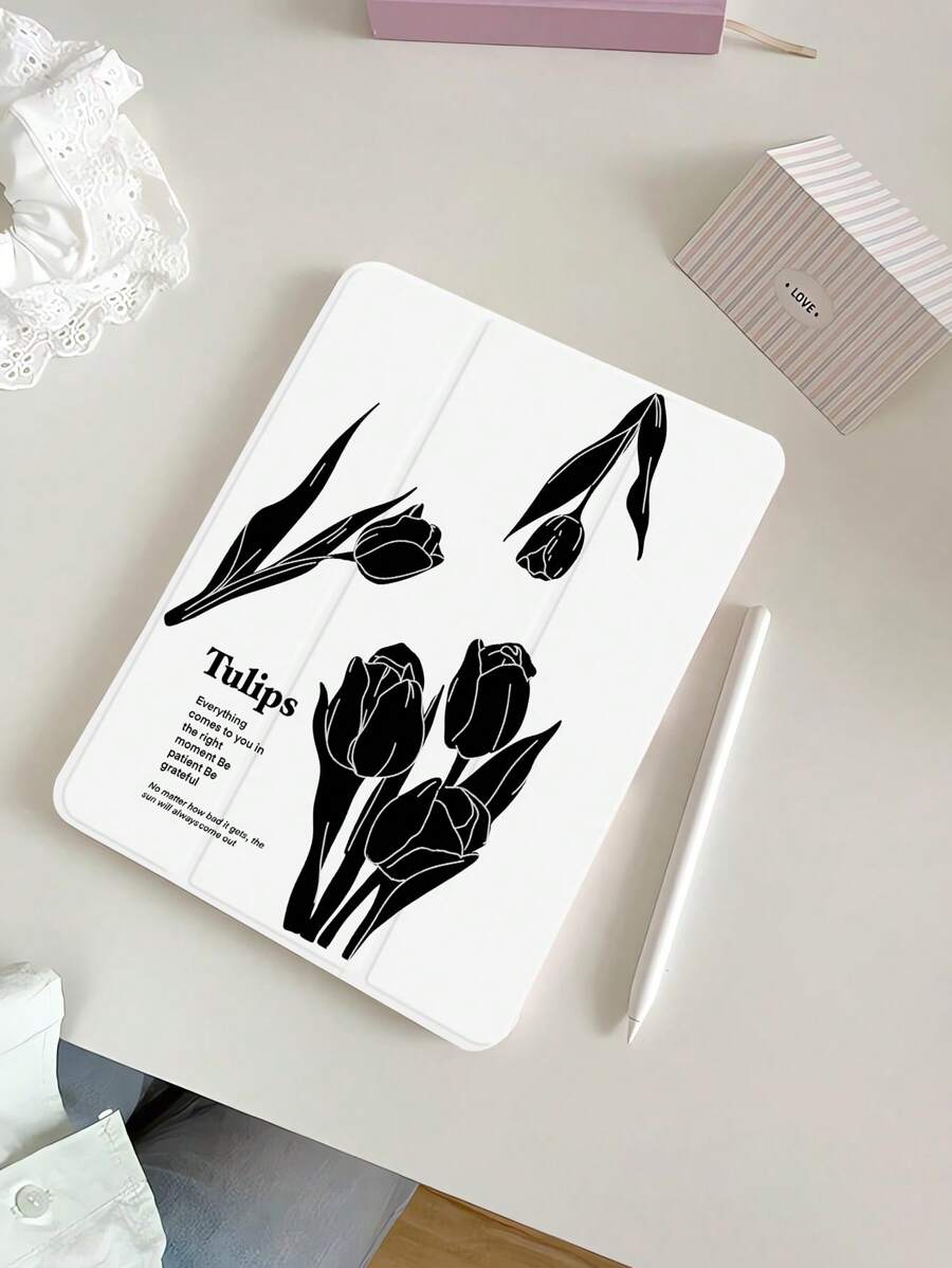 1 pieza Funda protectora de silicona a prueba de golpes con ranura para bolígrafo, con diseño de flor negra y patrón de letras, compatible con Huawei, iPad, tabletas Samsung, función de suspender/activar - Multicolor - Ver 1
