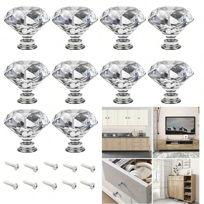 12pcs Crystal Glass Handles For Wardrobe Door Cabinet Drawer Shoe Cabinet Kitchen Cabinet Furniture, Cabinet Door Single Hole 1.18inch, Small Zinc Alloy Handle, Furnitur Accessories