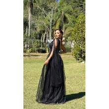 Long Dark Green Shiny Dress Loose Sleeves None Sleeves Single Strap With Slit Rafa - Black - View 1