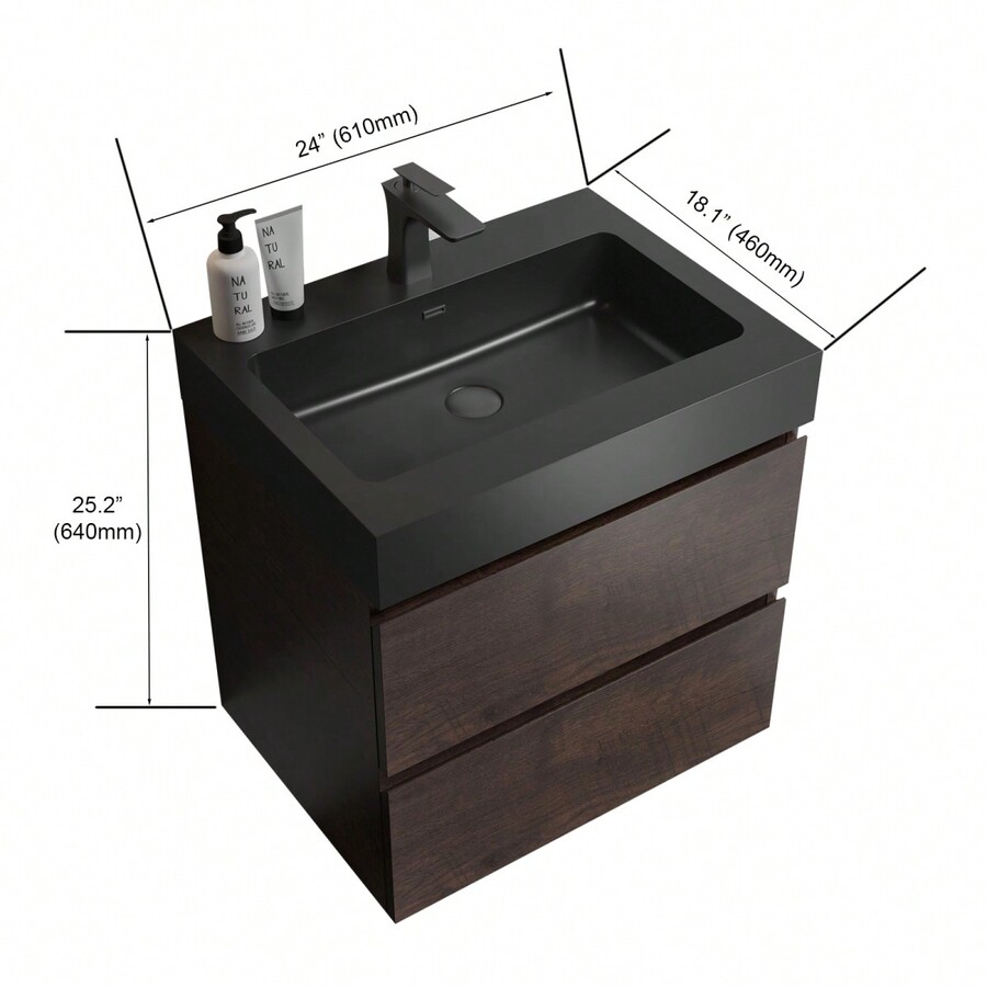 24" Walnut Bathroom Vanity With Sink, Large Storage Wall Mounted