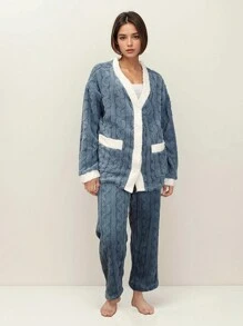 2-Piece Pajamas Stretch Polar Fleece Thermal Plush Women's Set Top And Pants With Button And Pocket - 藍色 - 查看 1