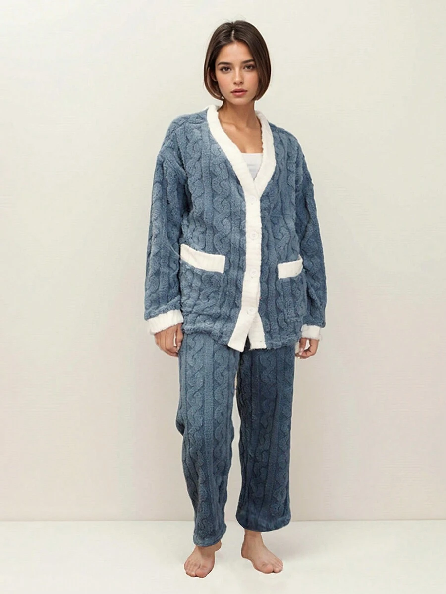 2-Piece Pajamas Stretch Polar Fleece Thermal Plush Women's Set Top And Pants With Button And Pocket - 藍色 - 查看 1
