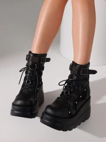 Stunning Goth Chic Platform Ankle Boots Chunky High Heel, Round Toe, Lace Up, Combat Style, Motorcycle Wedges For Women - Black - View 3