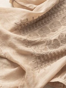 Women's Floral Embroidery Round Neck Lantern Sleeve Loose Blouse, Spring/Summer - Khaki - View 6