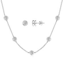 1 对 925 纯银圆形 5A 闪亮方晶锆石颈链项链和耳环套装，适合女士、婚礼/派对/订婚日常配饰 - 白色 - 查看 10