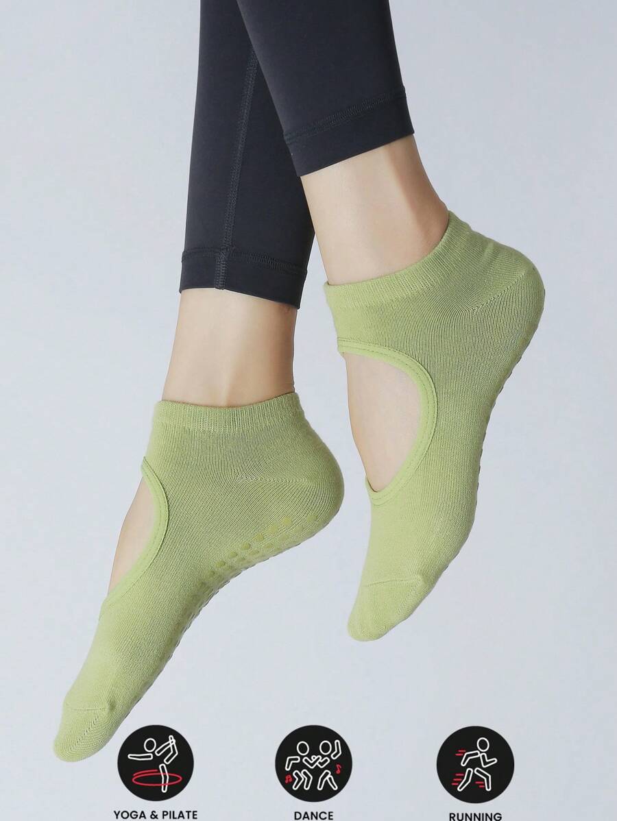 1 Par Calcetines De Yoga Antideslizantes Con Diseño De Punta Redonda Y Talón Abierto Para Deportes En Interiores Y Ejercicios En El Piso Cómodos - Verde - Ver 1