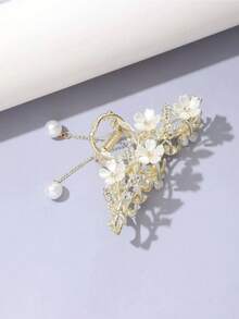 1 件茉莉花水钻珍珠流苏发夹，优雅仿珍珠流苏发夹，简约优雅的金属发夹，女士防滑马尾夹，简约优雅的金属发饰，金属爪设计，适合女性和女孩配饰 - 金色 - 查看 2