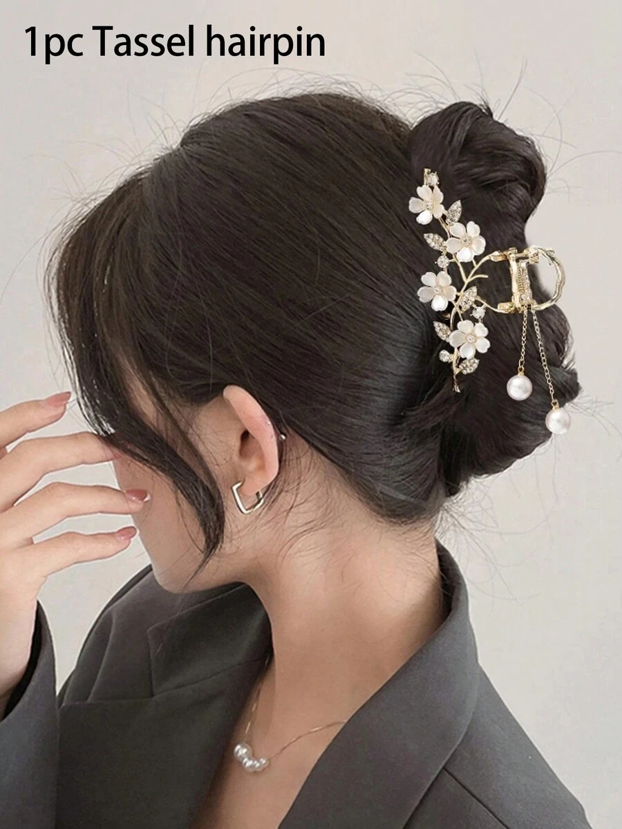 1 件茉莉花水钻珍珠流苏发夹，优雅仿珍珠流苏发夹，简约优雅的金属发夹，女士防滑马尾夹，简约优雅的金属发饰，金属爪设计，适合女性和女孩配饰 - 金色 - 查看 1