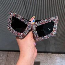 1 par de gafas de moda con cristales de strass en forma de ojo de gato extra grandes, exageradas de estilo hip hop, accesorio de playa de verano, gafas de mujer, gafas de moda básicas, atuendo de mujer para otoño/invierno, regalo de estilo casual de negocios - Multicolor - Ver 10