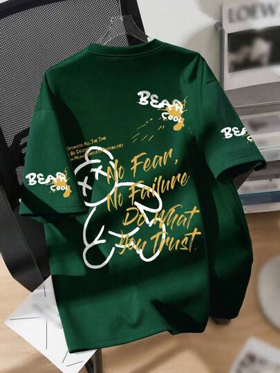 Teenager Boys' Cartoon Bear Graphic & Slogan Print Crew Neck Casual Soft T-Shirt, Summer