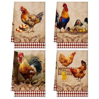 2/4 件套，毛巾，农舍乡村公鸡厨房毛巾，涤纶洗碗布，乡村风格手巾，经典色彩复古圣诞浴室茶巾