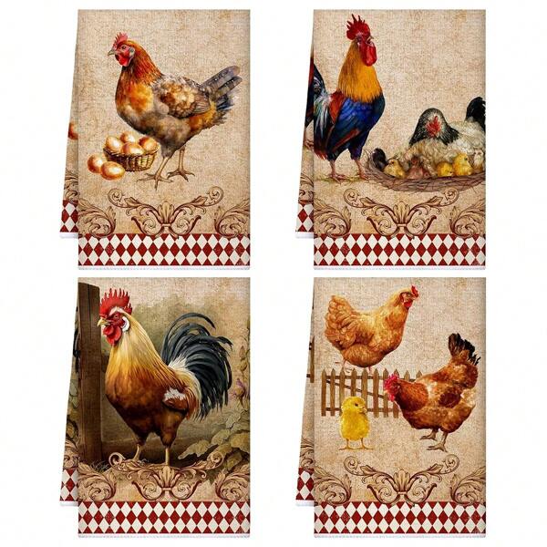 2/4 peças Conjunto, Toalhas, Toalhas de Cozinha Estilo Country com Galo, Panos de Prato de Poliéster, Toalhas de Mão Estilo Country, Toalhas de Chá de Natal Retrô de Cor Clássica para Banheiro