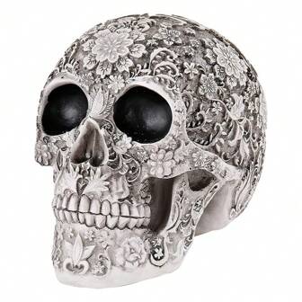 1pc Patterned Skull Head Home, Bar Or Office Decoration And Gifts, Halloween Pattern Water Transfer Printing Skull Resin Decoration, Halloween Room Decoration Gothic, Grimace, Home Decoration