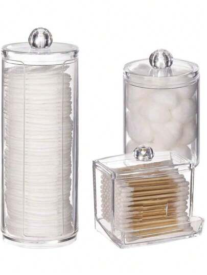 3pcs Vanity Makeup Storage Organizer, Q-Tip Holder Bathroom Container, Round Pad/Floss Dispenser, For Sorting And Storing