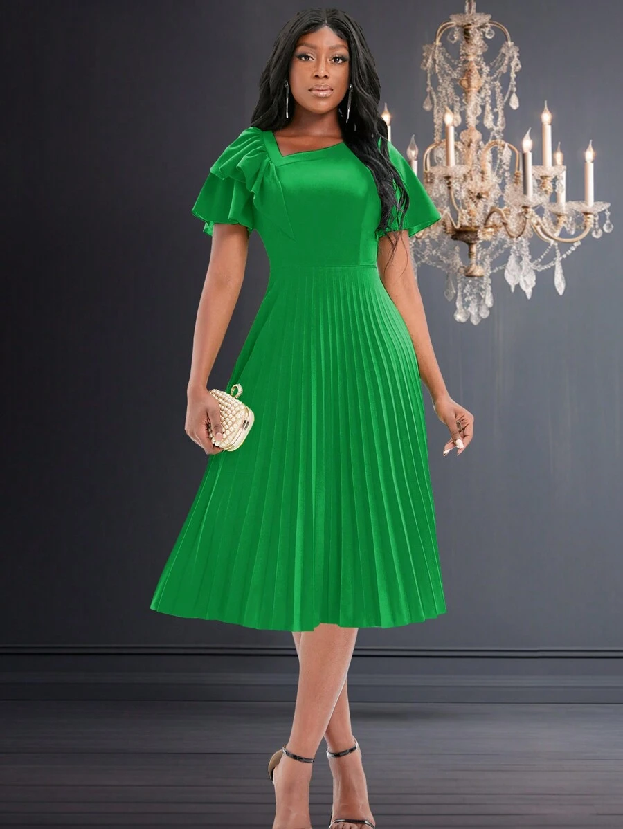 Women's Solid Color Simple Ruffled Sleeve Pleated Christmas Green Dress For Everyday Wear Summer Elegant - Green - View 1